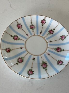 Limoges France Saucer Hand painted Pink blossoms, stripes, Gold gilding